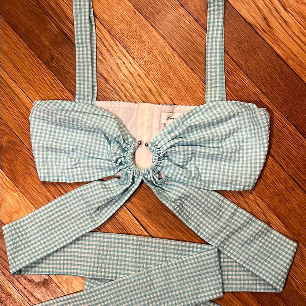 Lovers + Friends Jordan Cotton Crop Top Teal Gingham Tie-Back, Size S — image 2 of 8